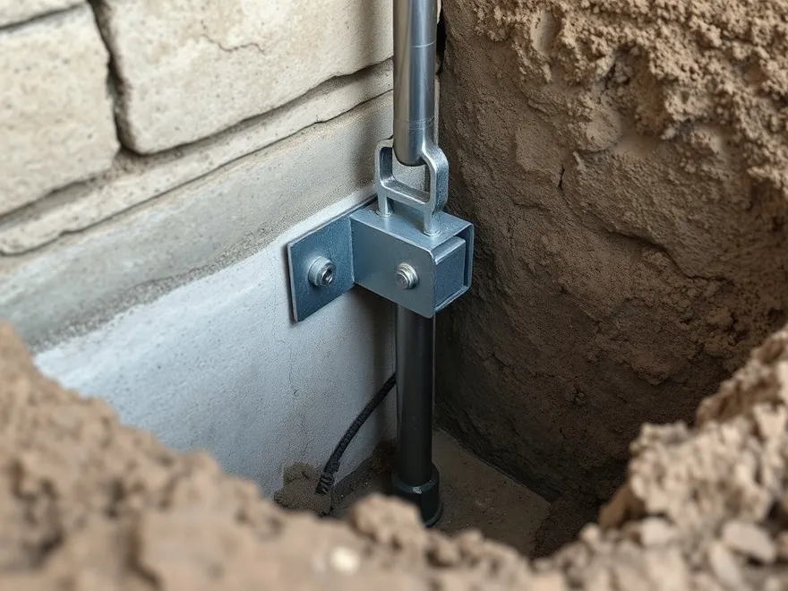 Dry cracked clay soil shrunk away from a concrete house footing, leaving a visible gap